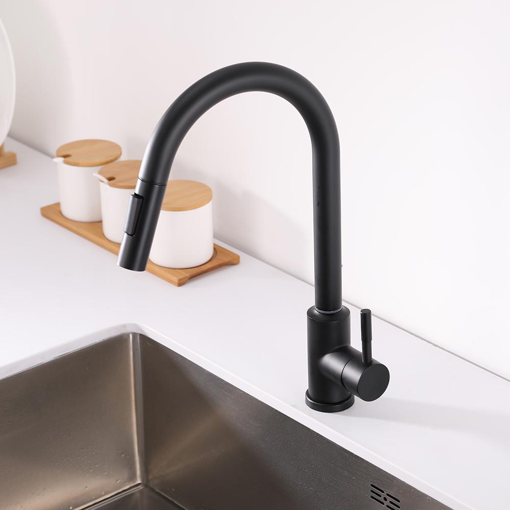 Matte Black Touch Kitchen Faucet Stainless Steel Pull Out Spray Single Handle