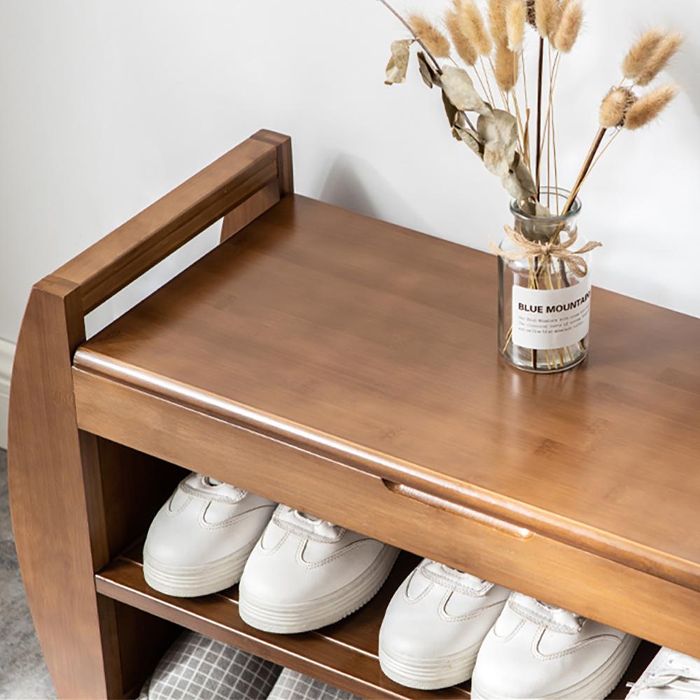 40.2" Rustic Bamboo Upholstered Entryway Flip Top Storage Shoe Rack Bench with 3 Shelves