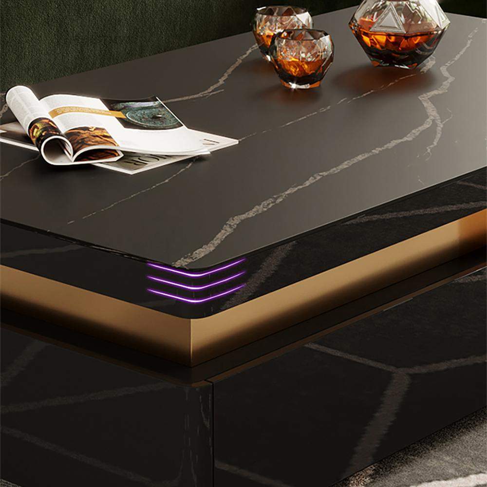 43.3" Modern Black Square Storage Coffee Table Stone Top & 4 Wood Drawers-Richsoul-Coffee Tables,Furniture,Living Room Furniture