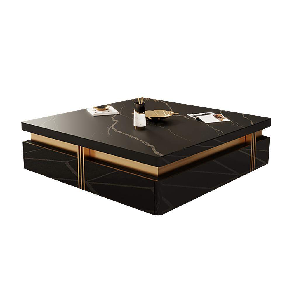 43.3" Modern Black Square Storage Coffee Table Stone Top & 4 Wood Drawers-Richsoul-Coffee Tables,Furniture,Living Room Furniture