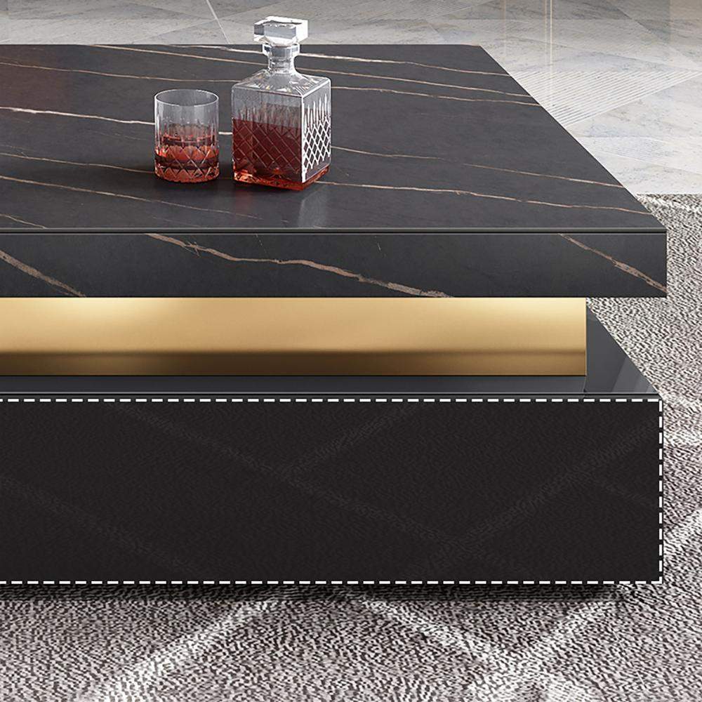 43.3" Modern Black Square Storage Coffee Table Stone Top & 4 Wood Drawers-Richsoul-Coffee Tables,Furniture,Living Room Furniture