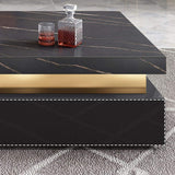 43.3" Modern Black Square Storage Coffee Table Stone Top & 4 Wood Drawers-Richsoul-Coffee Tables,Furniture,Living Room Furniture