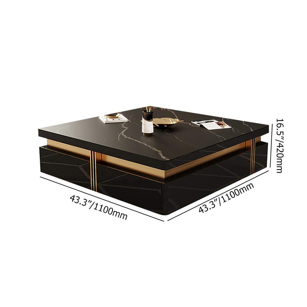43.3" Modern Black Square Storage Coffee Table Stone Top & 4 Wood Drawers-Richsoul-Coffee Tables,Furniture,Living Room Furniture