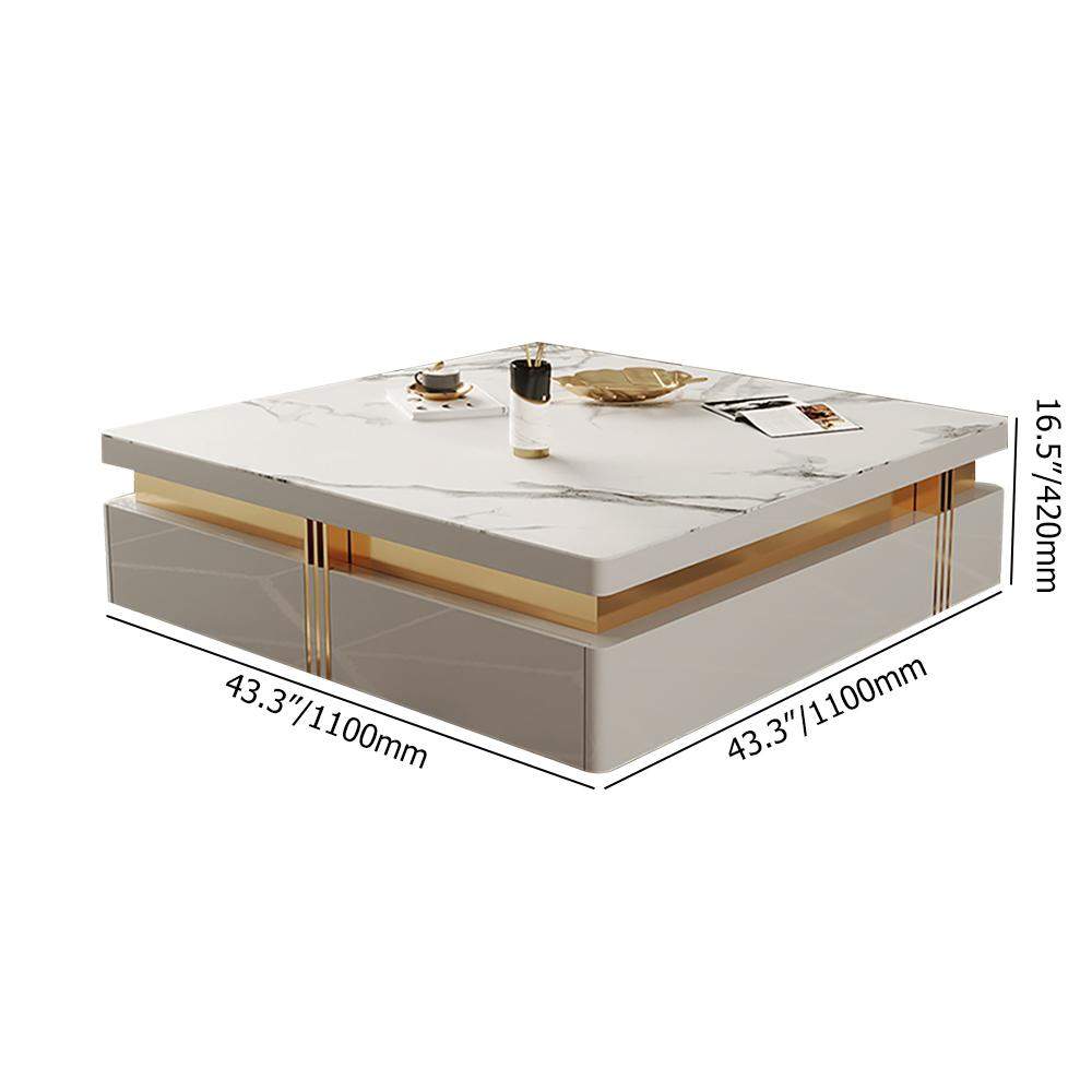 43.3" Modern Black Square Storage Coffee Table Stone Top & 4 Wood Drawers-Richsoul-Coffee Tables,Furniture,Living Room Furniture