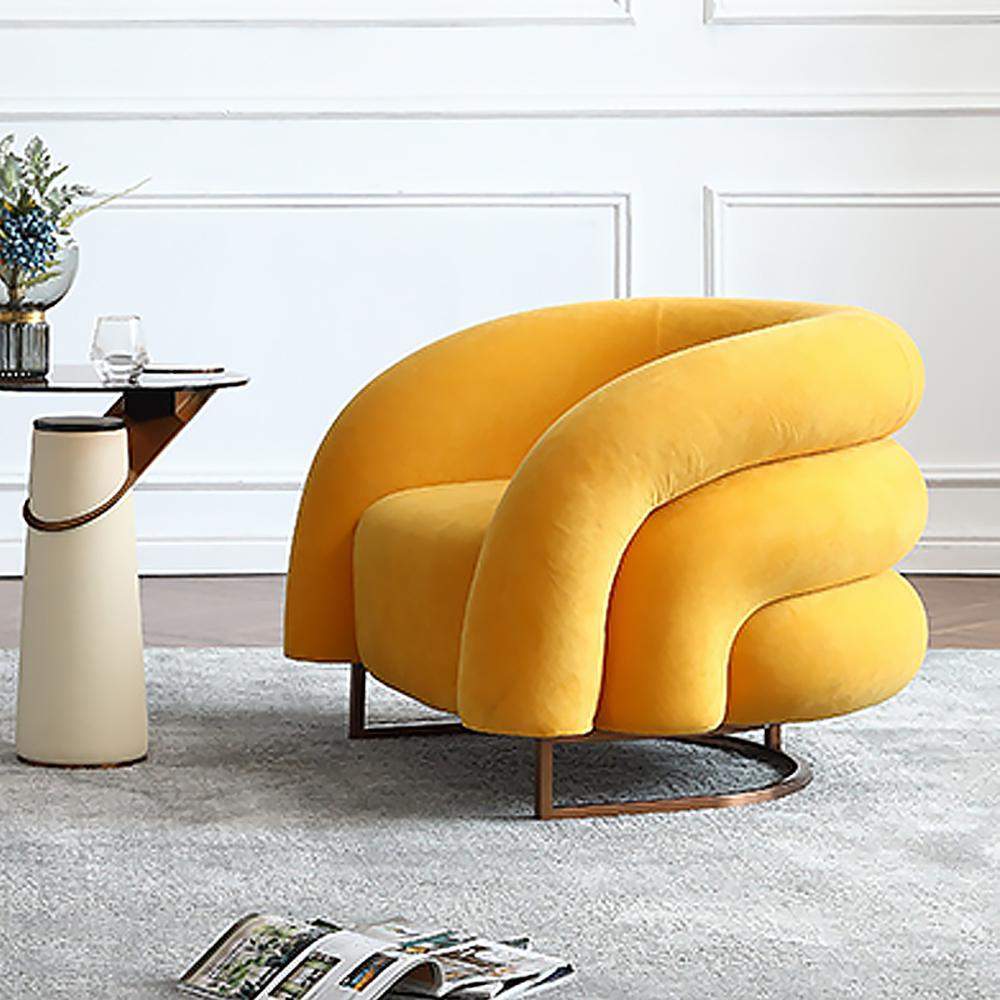 Creative & Modern Yellow Solid Wood & Velvet Accent Chair with Metal Base-Chairs & Recliners,Furniture,Living Room Furniture