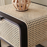 Wooden Walnut Nightstand Rattan Drawer for Bedroom Living Room Storage Bedside Table
