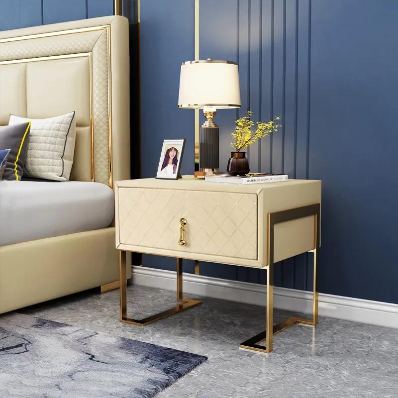 Modern Nightstand with Drawer, PU Leather in Deep Blue, Gold Leg