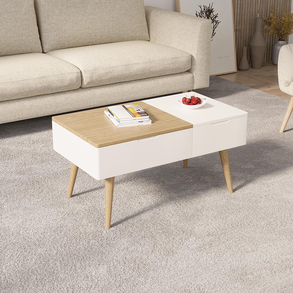 White & Natural Wooden Rectangular Multifunctional Coffee Table with Drawer Lift-Top Storage Table