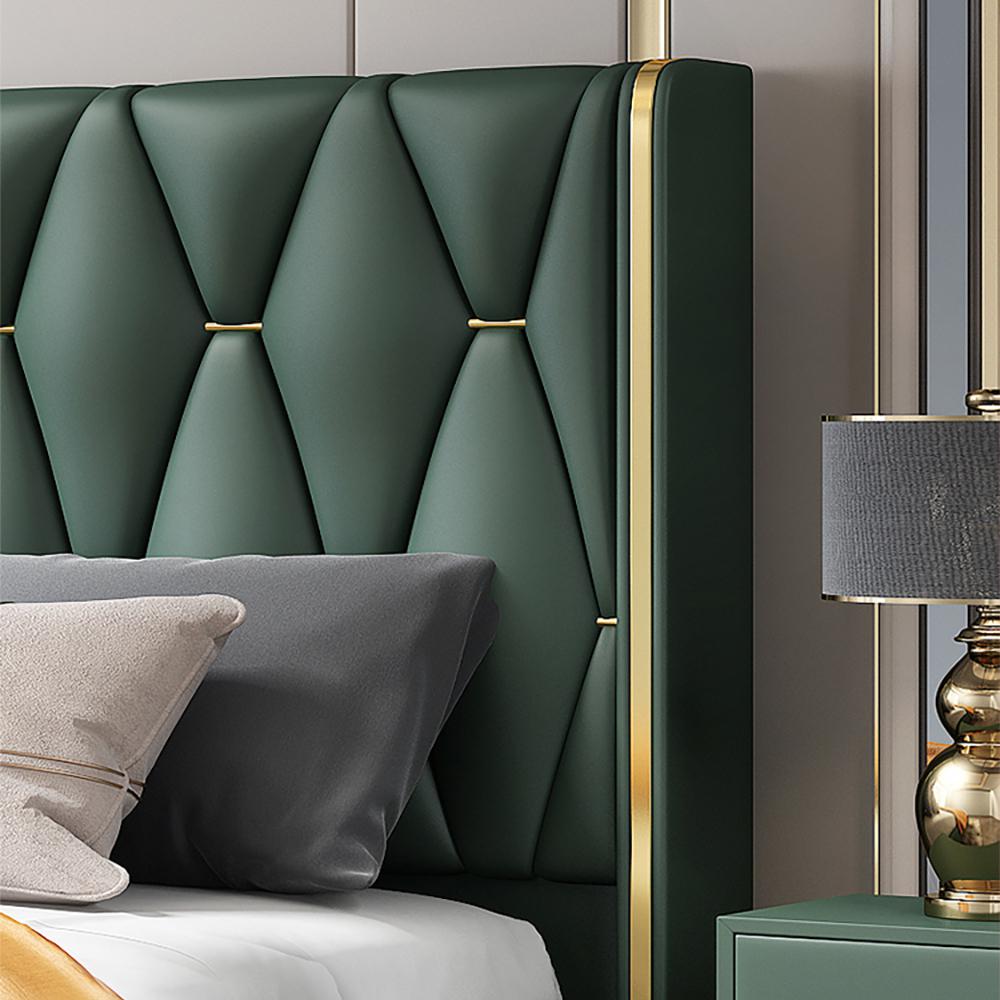 Queen Upholstered Platform Bed Green Low Profile Bed with Wood Slats