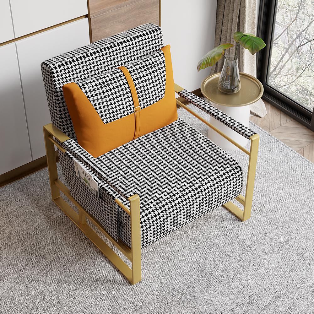 Modern Orange Houndstooth Single Sofabed Convertible Sleeper with Side Storage
