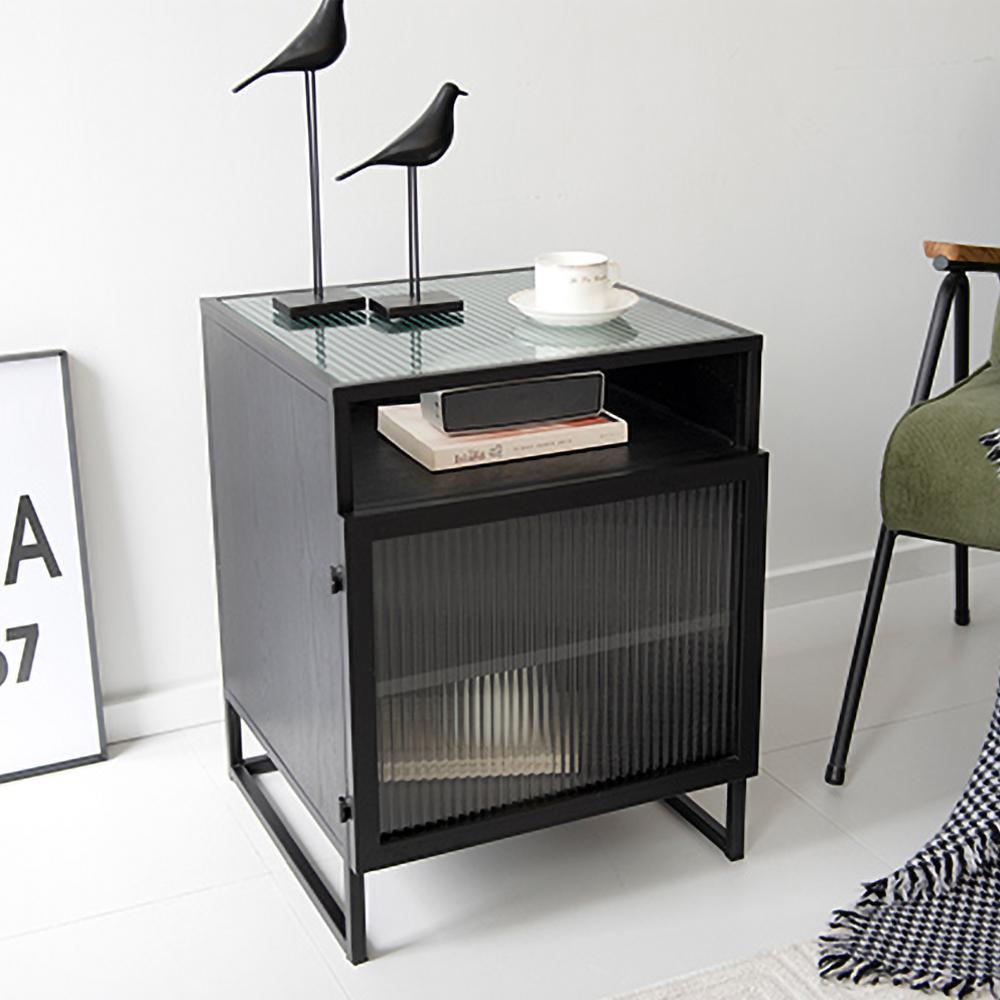 Nordic Minimalist Black Nightstand Glass Door Bedside Table with 2 Shelves