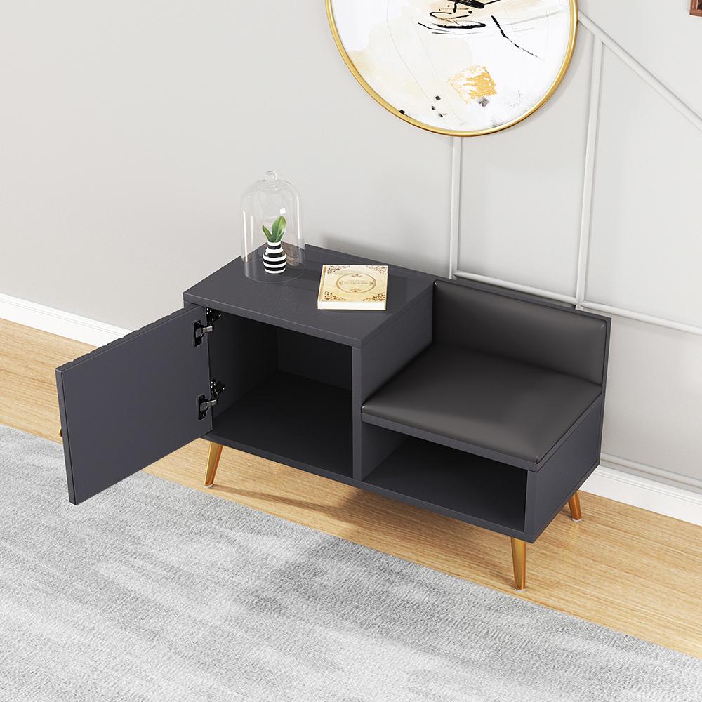 White Contemporary Upholstered Shoe Rack Bench with Storage Cabinet and Shelf Entryway