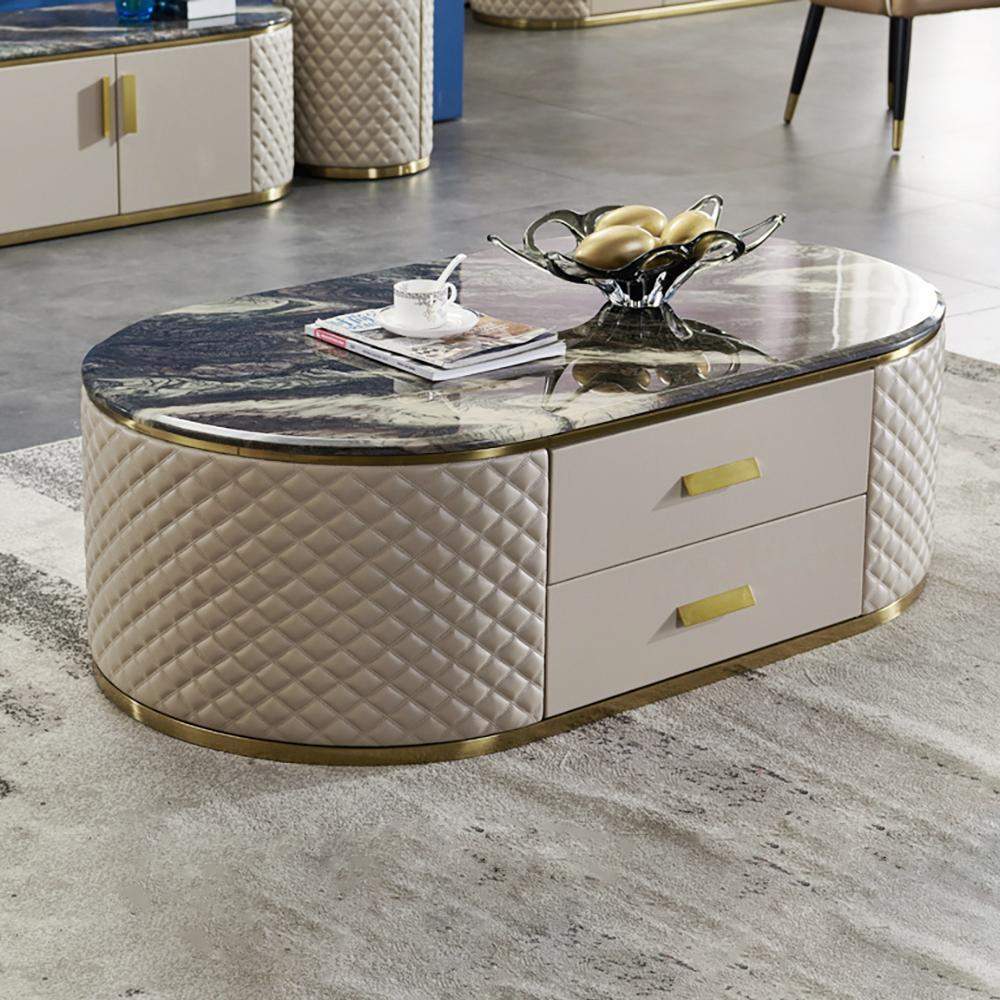 51.2" Modern Oval Black Marble Leather Upholstery Coffee Table with Storage Drawers-Coffee Tables,Furniture,Living Room Furniture