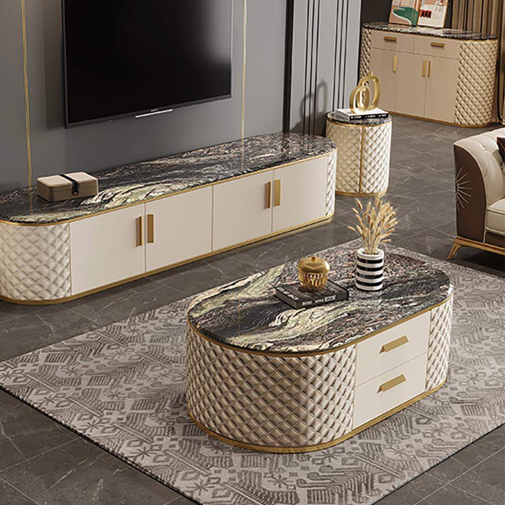 51.2" Modern Oval Black Marble Leather Upholstery Coffee Table with Storage Drawers-Coffee Tables,Furniture,Living Room Furniture