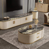 51.2" Modern Oval Black Marble Leather Upholstery Coffee Table with Storage Drawers-Coffee Tables,Furniture,Living Room Furniture
