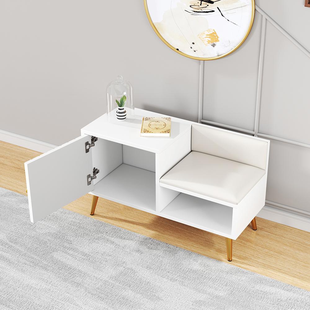 White Contemporary Upholstered Shoe Rack Bench with Storage Cabinet and Shelf Entryway