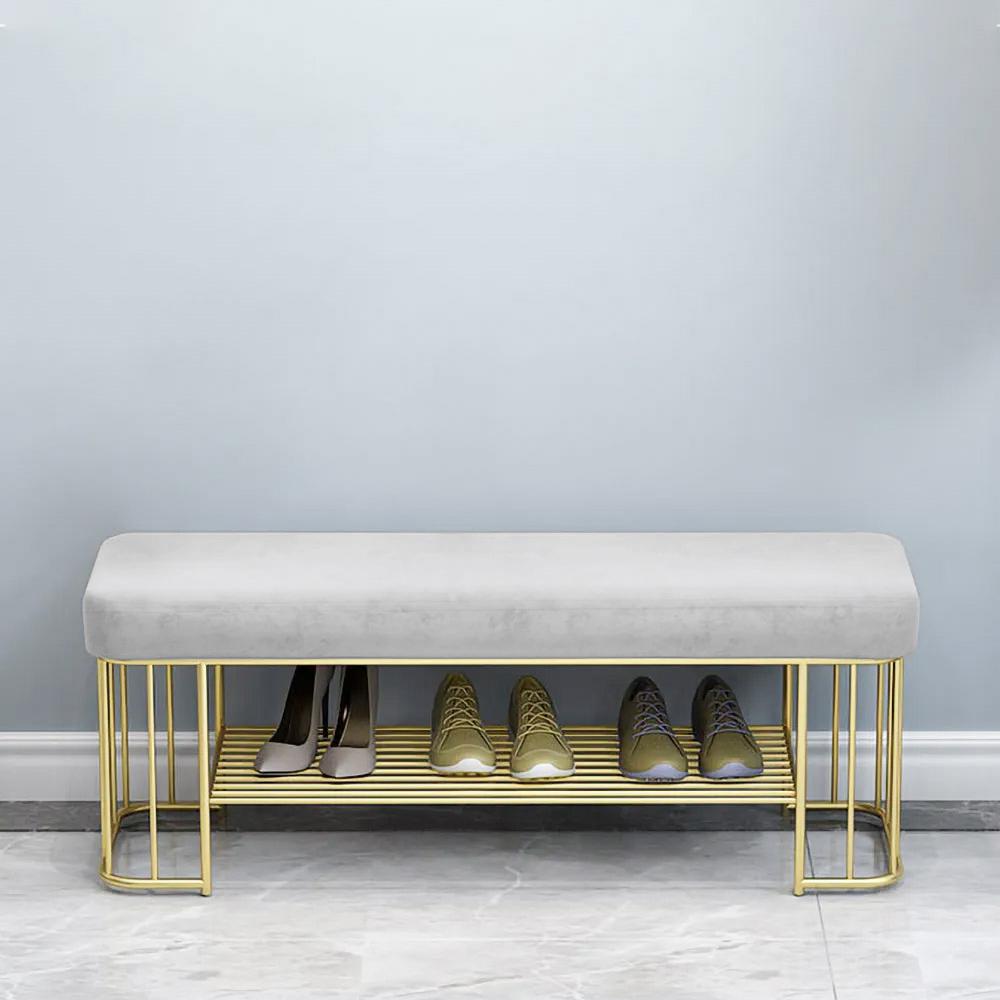 Modern Gray Storage Bench Entryway Bench Velvet Upholstered with Golden Frame & Shelves