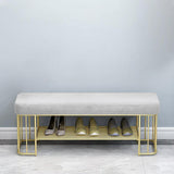 Modern Gray Storage Bench Entryway Bench Velvet Upholstered with Golden Frame & Shelves