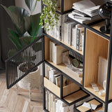 78" Modern Black Steel Geometric Bookcase 6-Tier Bookshelf Wooden Tall Book Shelf