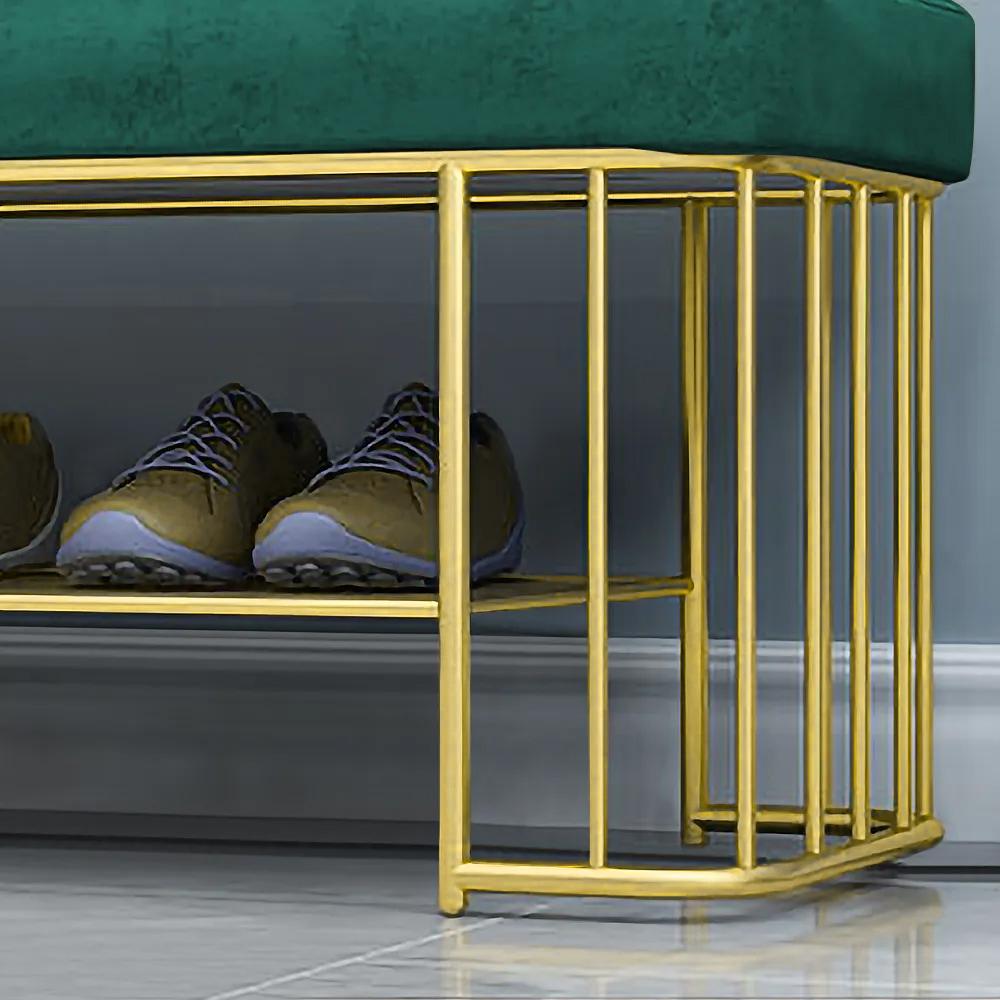 Modern Gray Storage Bench Entryway Bench Velvet Upholstered with Golden Frame & Shelves