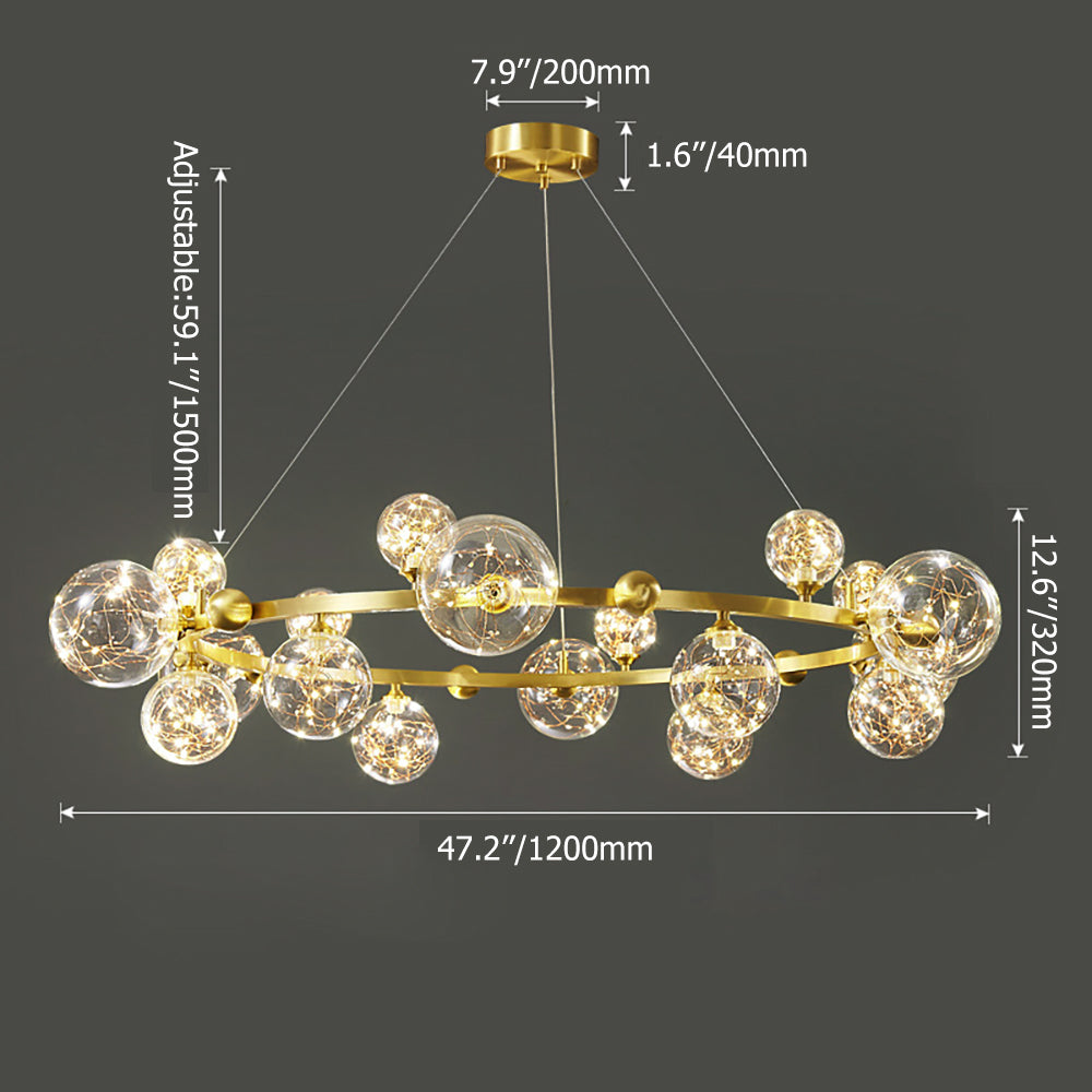 Gold 12-Light Glass Globe LED Chandelier with Adjustable Cable