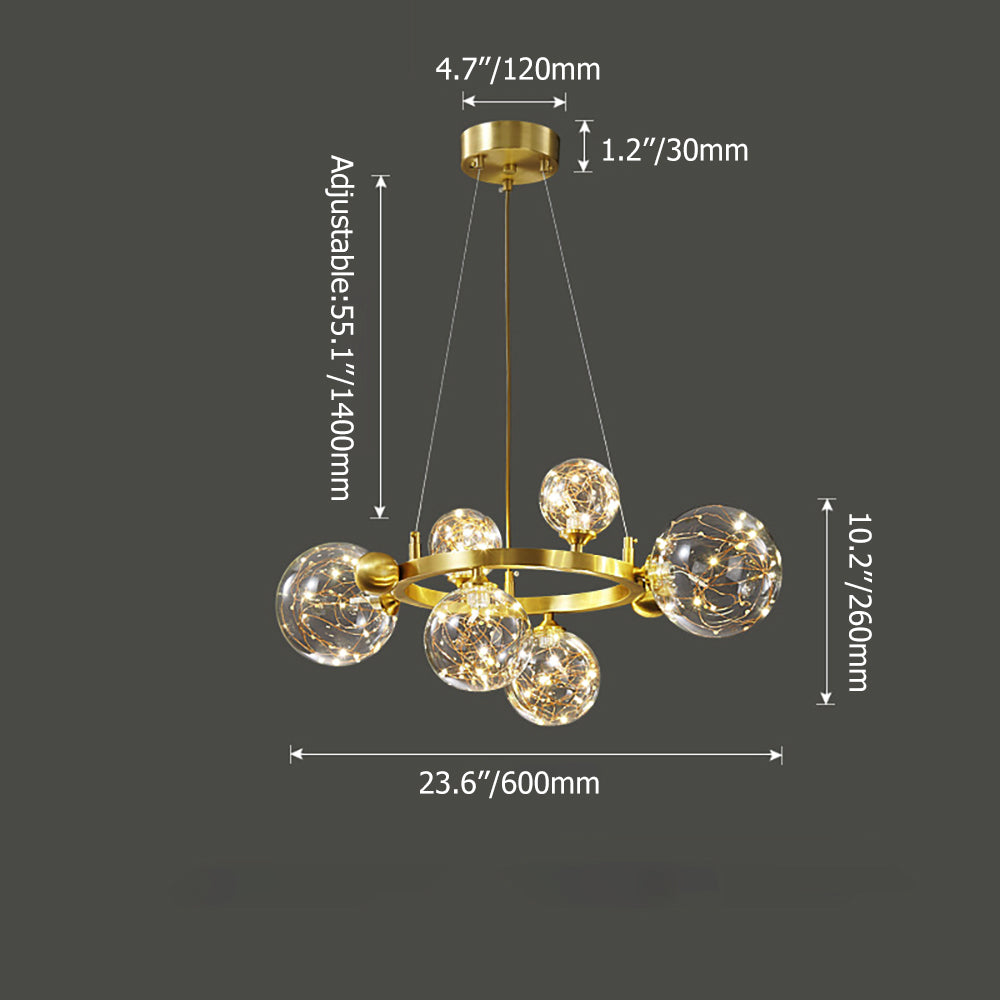 Gold 12-Light Glass Globe LED Chandelier with Adjustable Cable