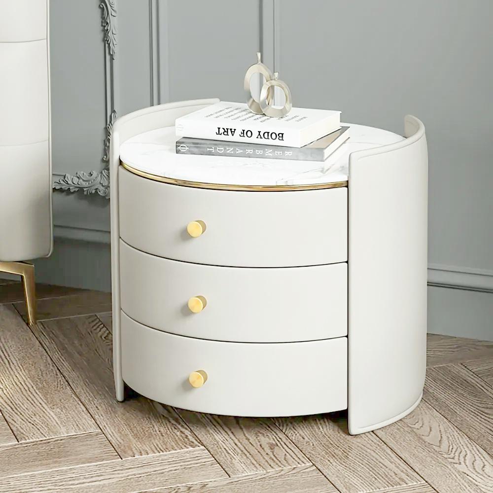 Modern Nightstand Solid Wood Nightstand Round Side Table Beige Nightstand with 3 Drawers