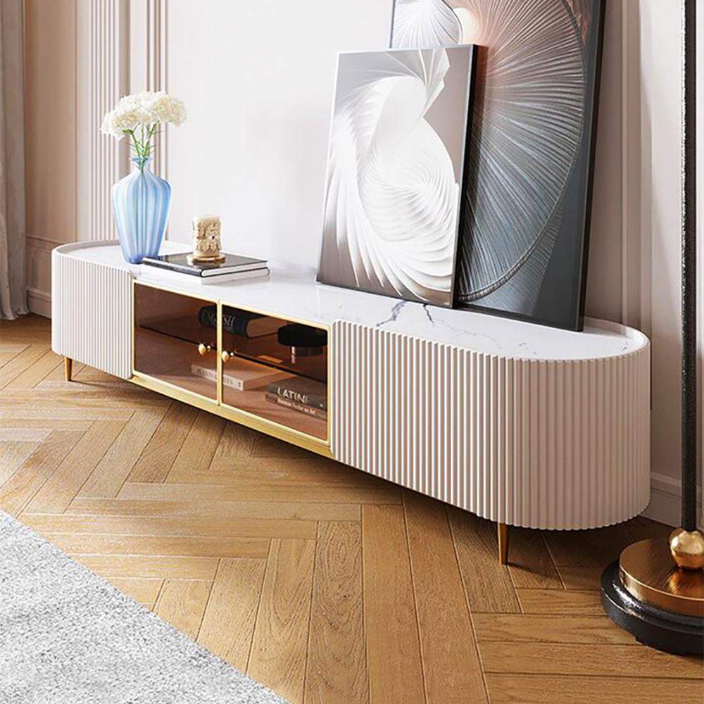Modern Oval TV Console with Storage & Glass Doors in White-Richsoul-Furniture,Living Room Furniture,TV Stands