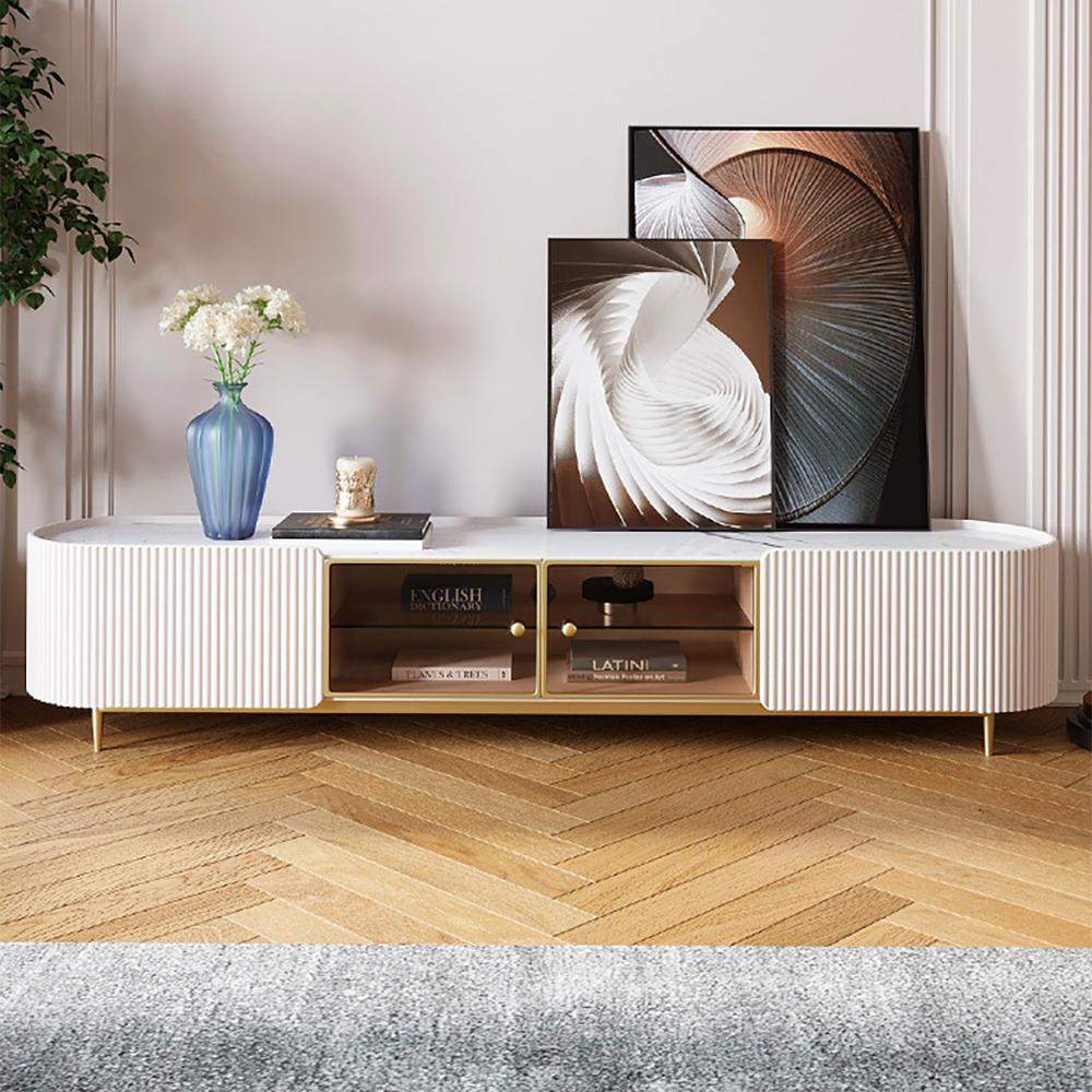Modern Oval TV Console with Storage & Glass Doors in White-Richsoul-Furniture,Living Room Furniture,TV Stands