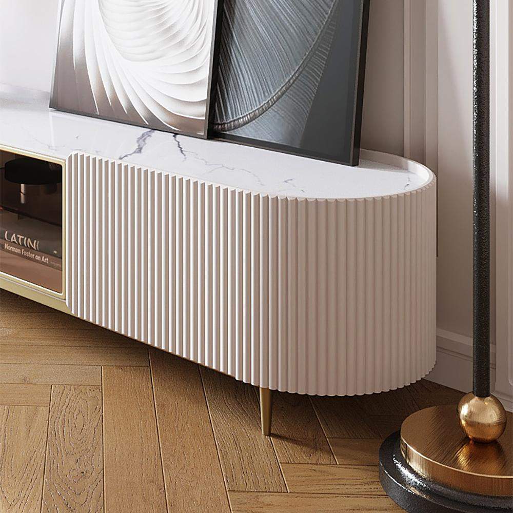 Modern Oval TV Console with Storage & Glass Doors in White-Richsoul-Furniture,Living Room Furniture,TV Stands