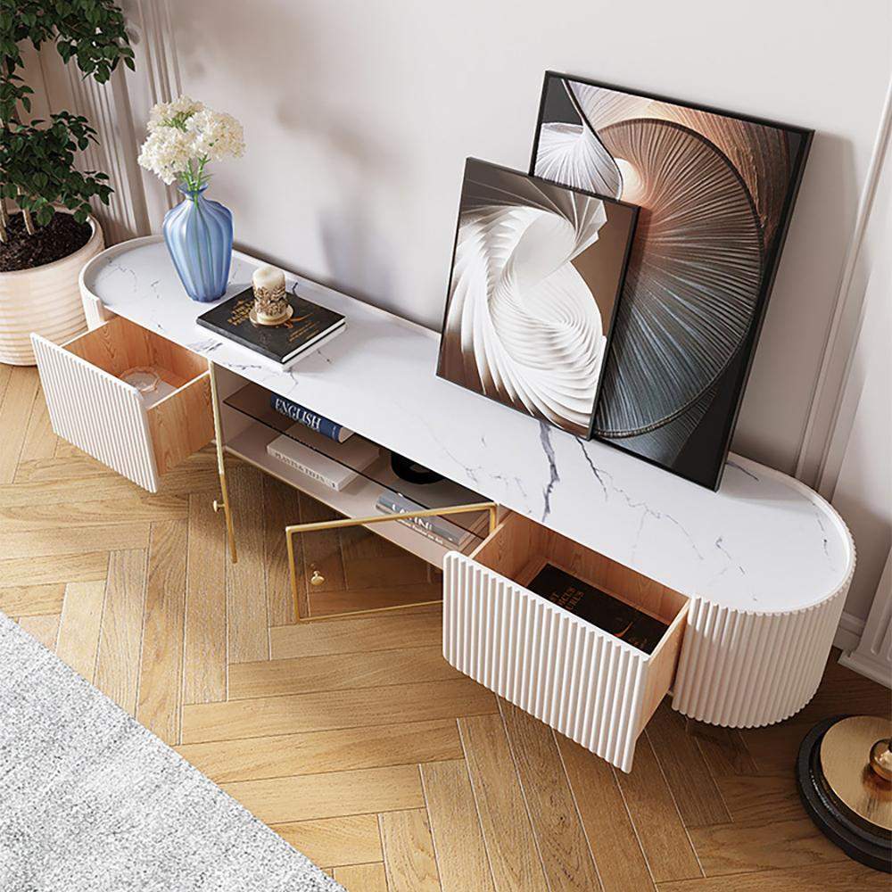 Modern Oval TV Console with Storage & Glass Doors in White-Richsoul-Furniture,Living Room Furniture,TV Stands