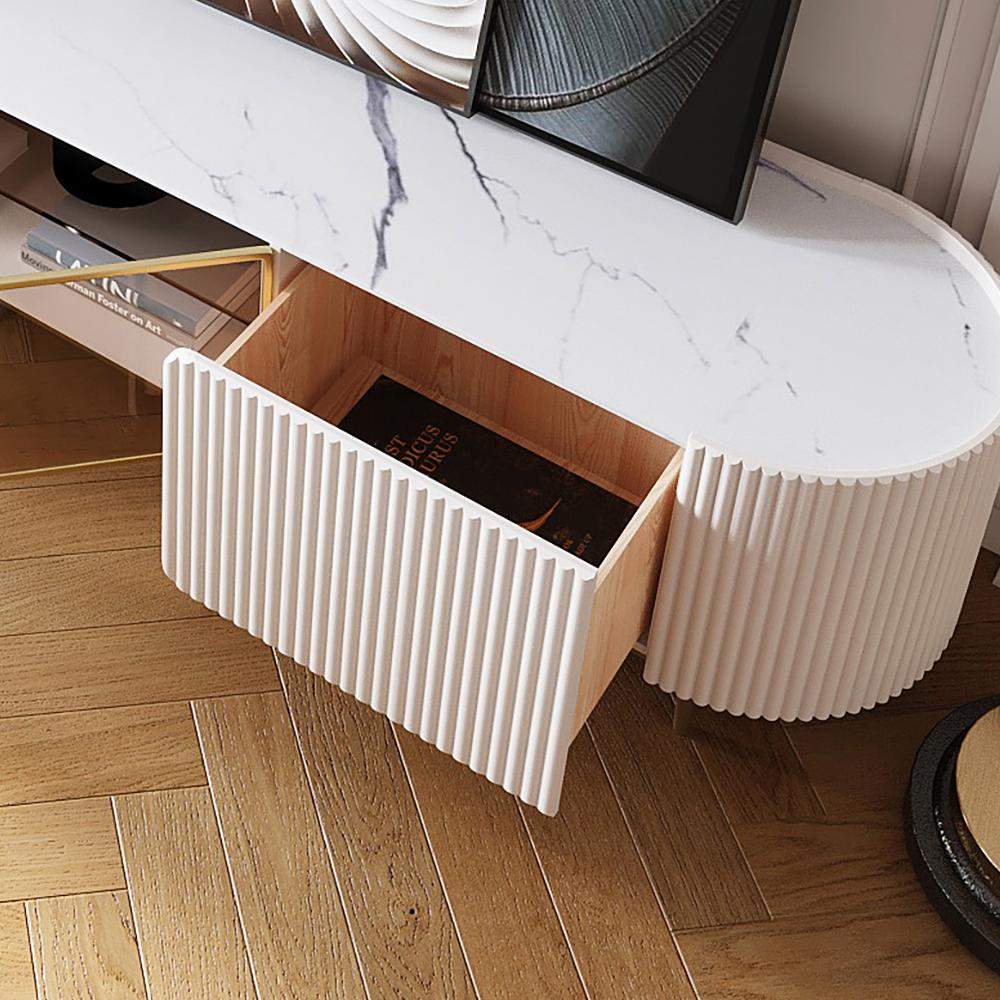 Modern Oval TV Console with Storage & Glass Doors in White-Richsoul-Furniture,Living Room Furniture,TV Stands