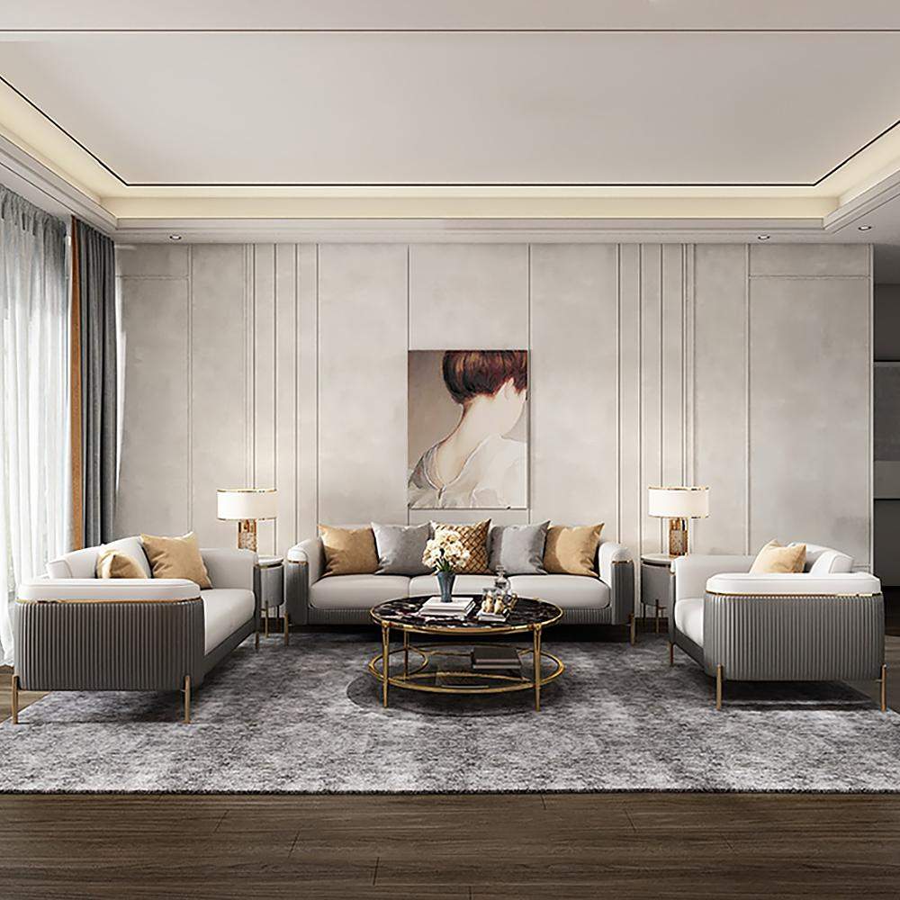 Gray & Beige Modern Living Room Set Faux Leather Upholstered Sofa Set Pillow Included-Richsoul-Furniture,Living Room Furniture,Living Room Sets