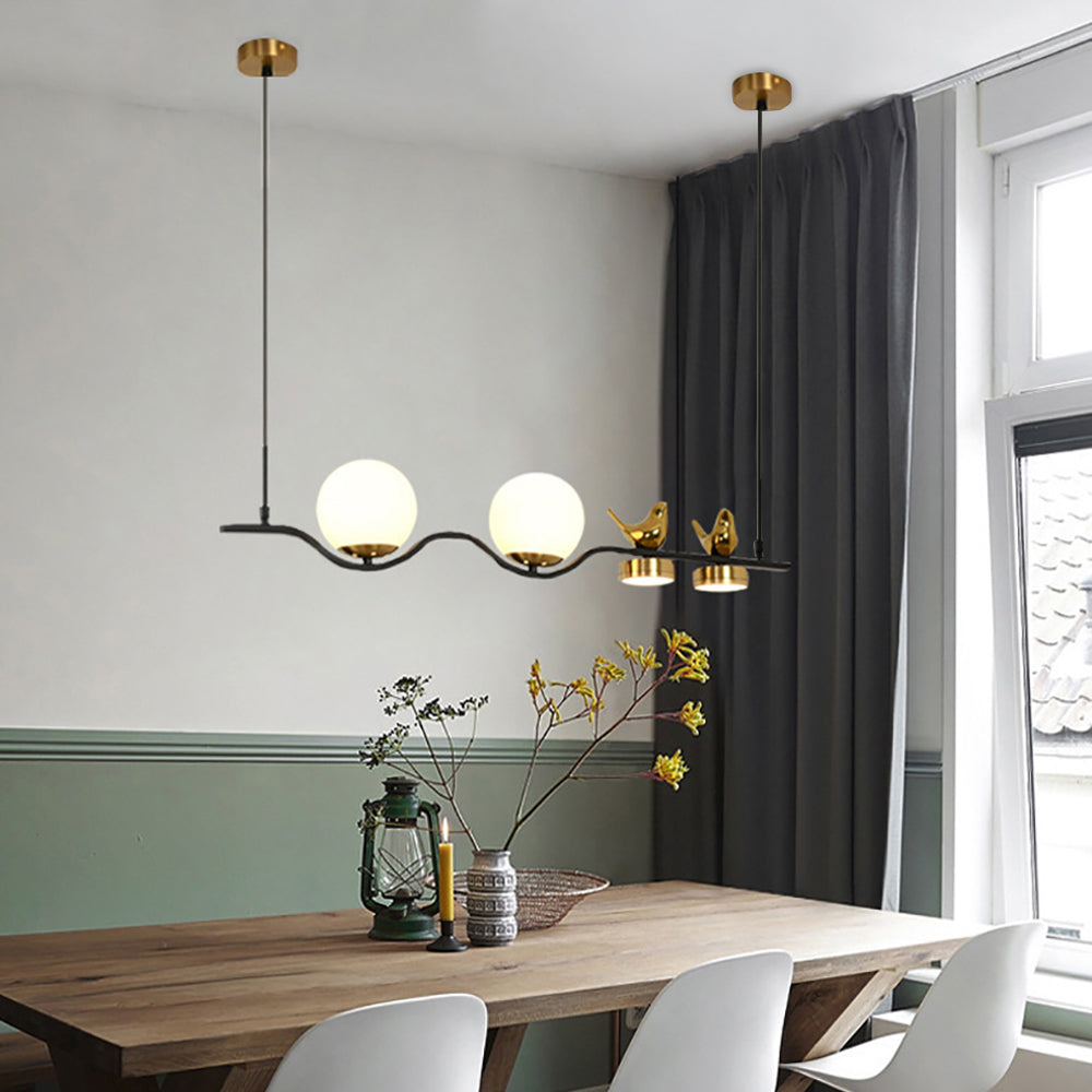 Modern Glass Globe Shades Kitchen Island Light in Black & Gold with 2 Decor Birds