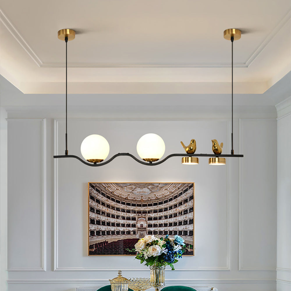 Modern Glass Globe Shades Kitchen Island Light in Black & Gold with 2 Decor Birds