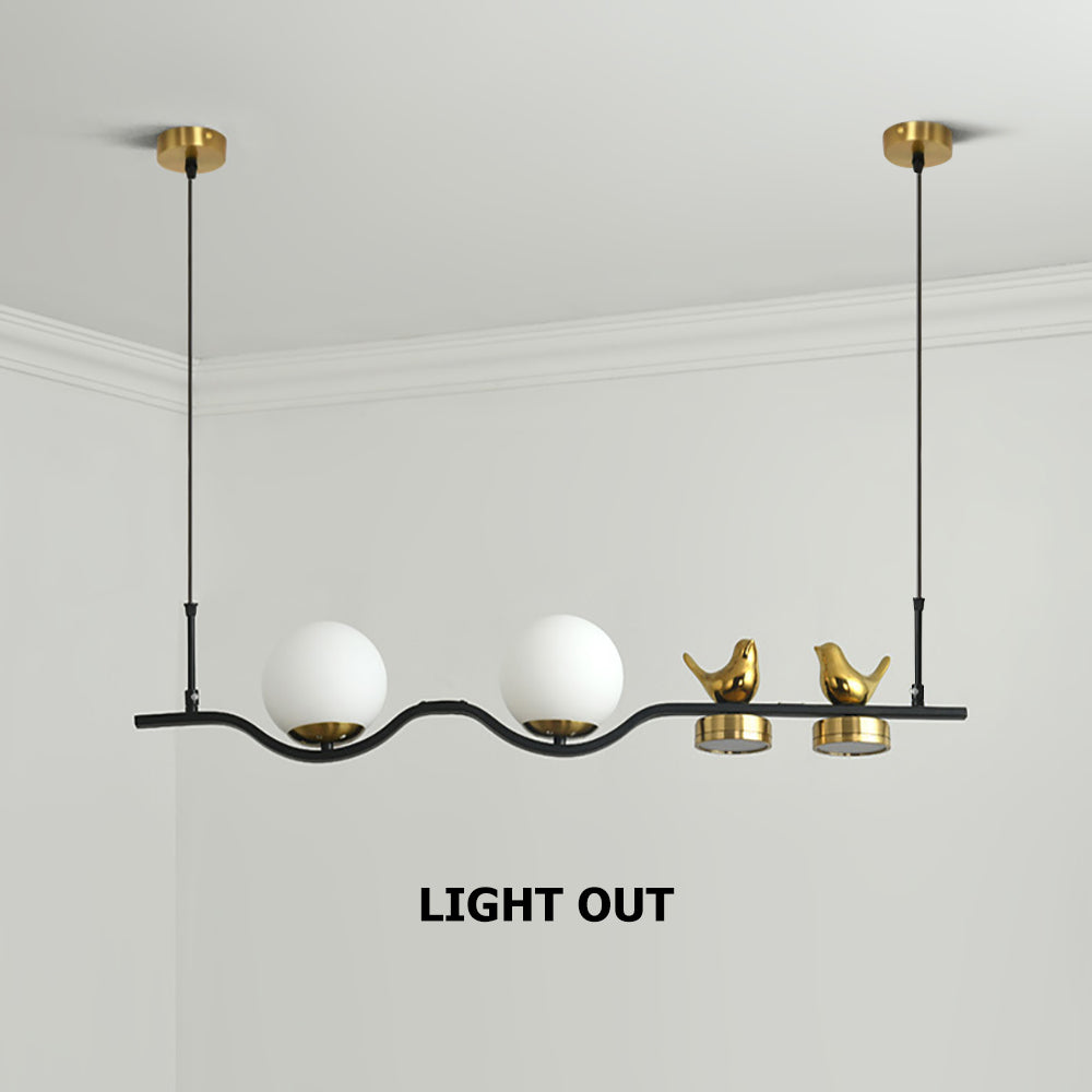 Modern Glass Globe Shades Kitchen Island Light in Black & Gold with 2 Decor Birds