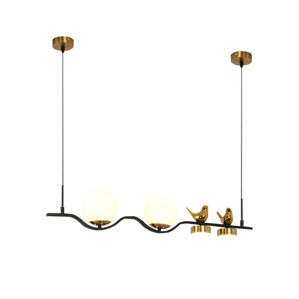 Modern Glass Globe Shades Kitchen Island Light in Black & Gold with 2 Decor Birds