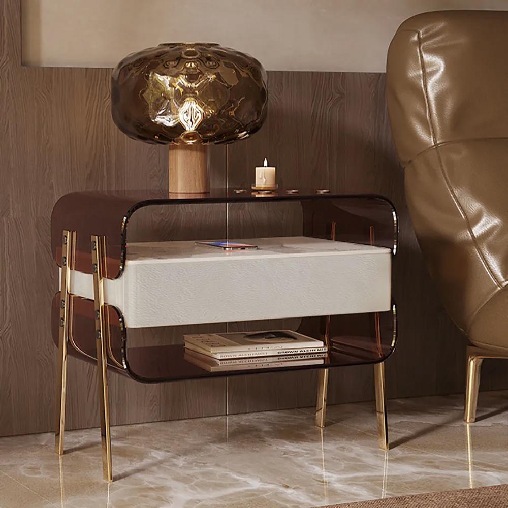 Modern Lighted Brown Nightstand with Wireless Charging Station Acrylic Bedside Table