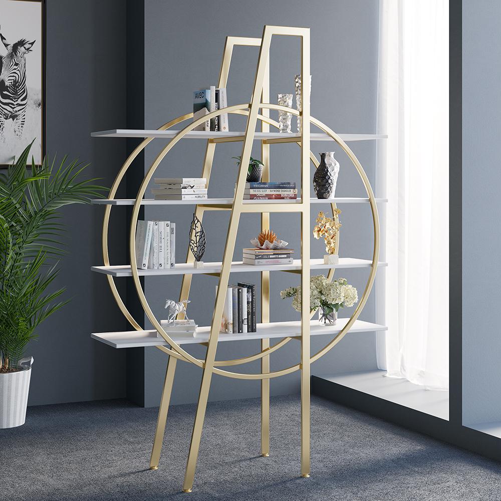 4-Tier Round Open Bookshelf White Display Shelf Gold Frame