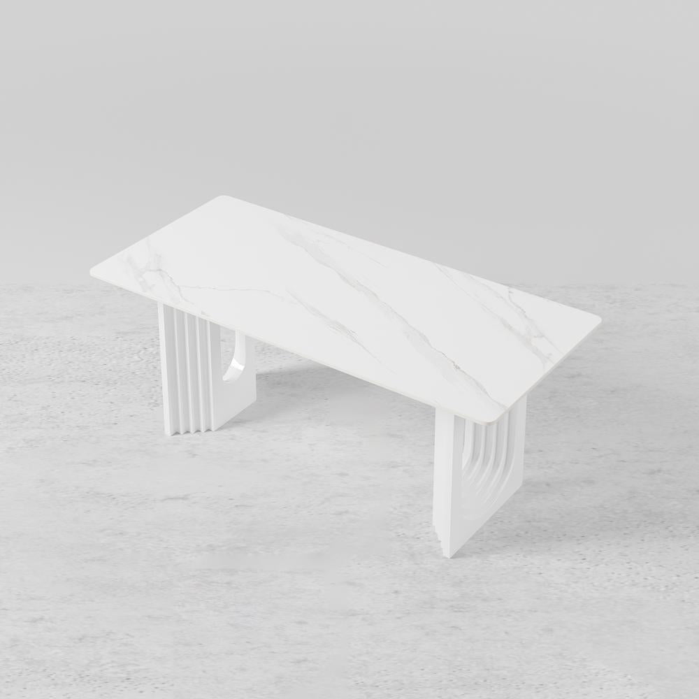 63" Modern Dining Table White Faux Marble Top for 6 Person Double Pedestal Base