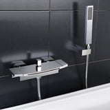 Wall Mount Waterfall 2-Handle Matte Black Bathtub Filler Faucet with Hand Shower