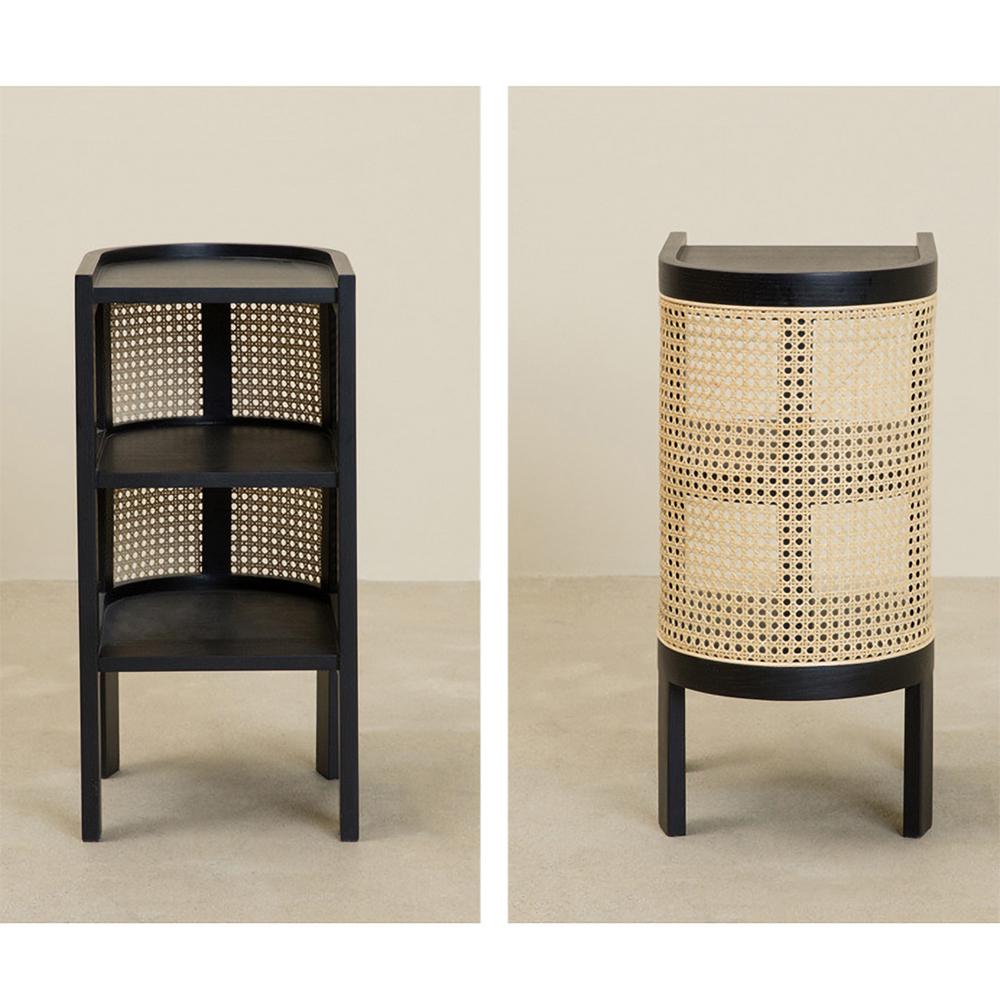 24" Black Nightstand Semi-Circle Rattan Bedside Table with 1 Shelf