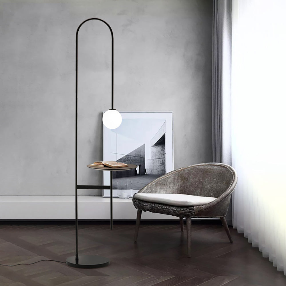 Modern Arc Floor Lamp with Shelf in Black Glass Shade Included
