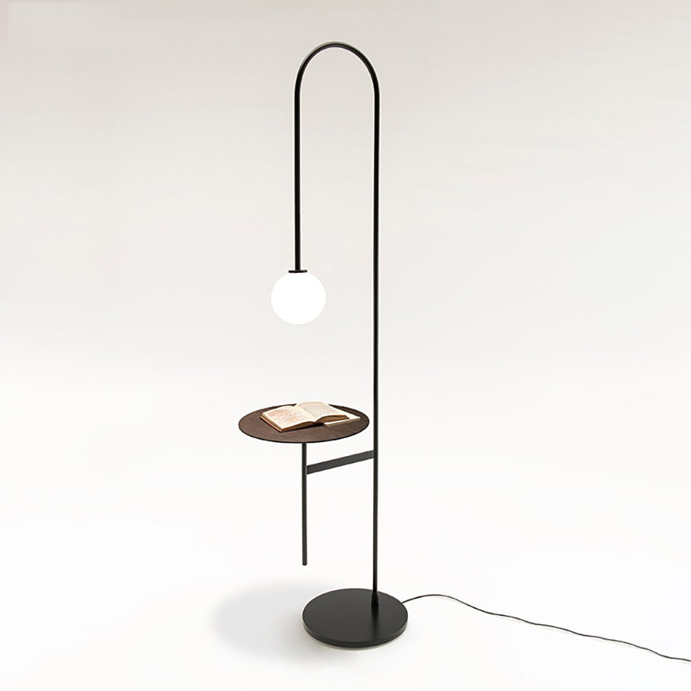 Modern Arc Floor Lamp with Shelf in Black Glass Shade Included