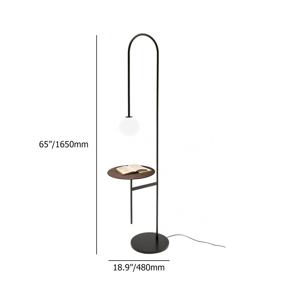 Modern Arc Floor Lamp with Shelf in Black Glass Shade Included