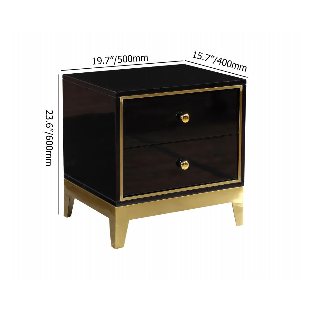Modern Black & White MDF Nightstand with 2 Drawers and Stainless Steel Leg