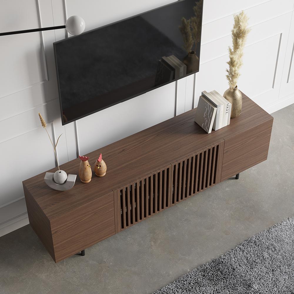 Minimalist Slatted Media Console Wood TV Stand in Walnut with Shelves for TVs Up to 80"