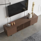 Minimalist Slatted Media Console Wood TV Stand in Walnut with Shelves for TVs Up to 80"