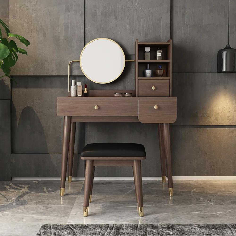 2 Pieces Minimalist Makeup Vanity Set in Walnut with Mirror & Stool