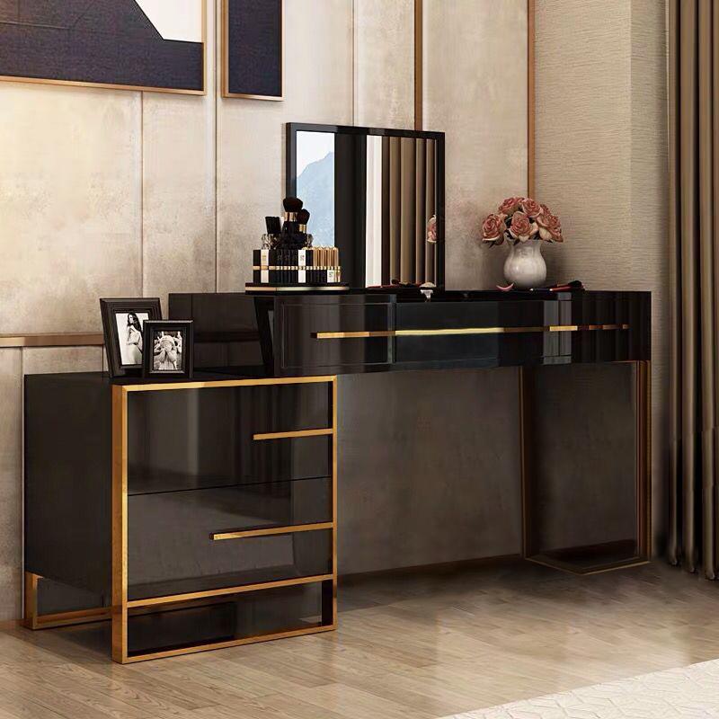 White Makeup Vanity with Flip Top Mirror & Side Cabinet and Drawers Golden Legs